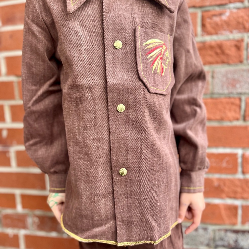 Vintage Kids Cowboy Shirt Brown Denim Butterfly Collar with Embroidered Cowboys